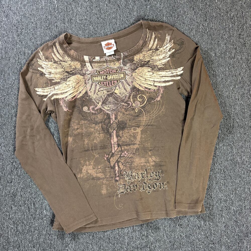 Vintage Y2k Harley Davidson Brown Longsleeve Cross Grunge Biker Shirt Women's L